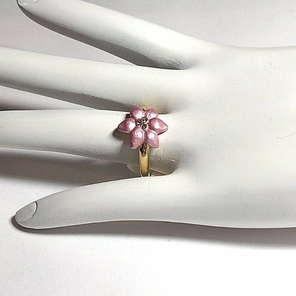 Gold Pink Plumeria Flower Ring Size 6 8 Crystal Yellow Plated Island Tropical - Picture 7 of 10
